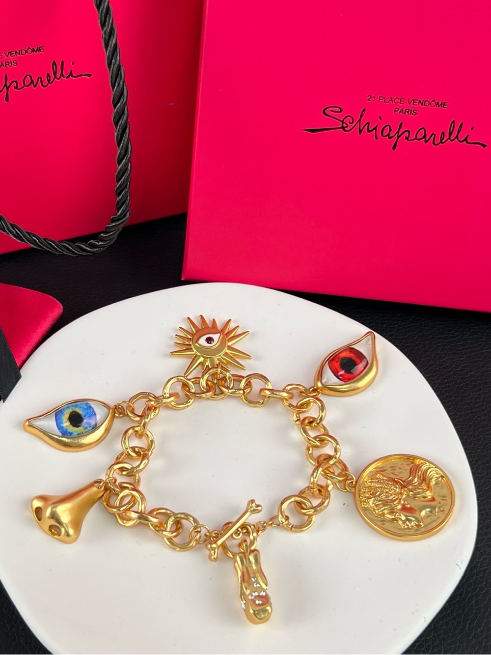 Schiaparelli Gold-Tone Charm Bracelet with Multicolor Eye Accents